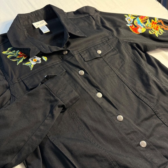 Yi Lin Black Embroidered Bird‎ Floral Denim Jacket Women's Size L - Picture 2 of 12